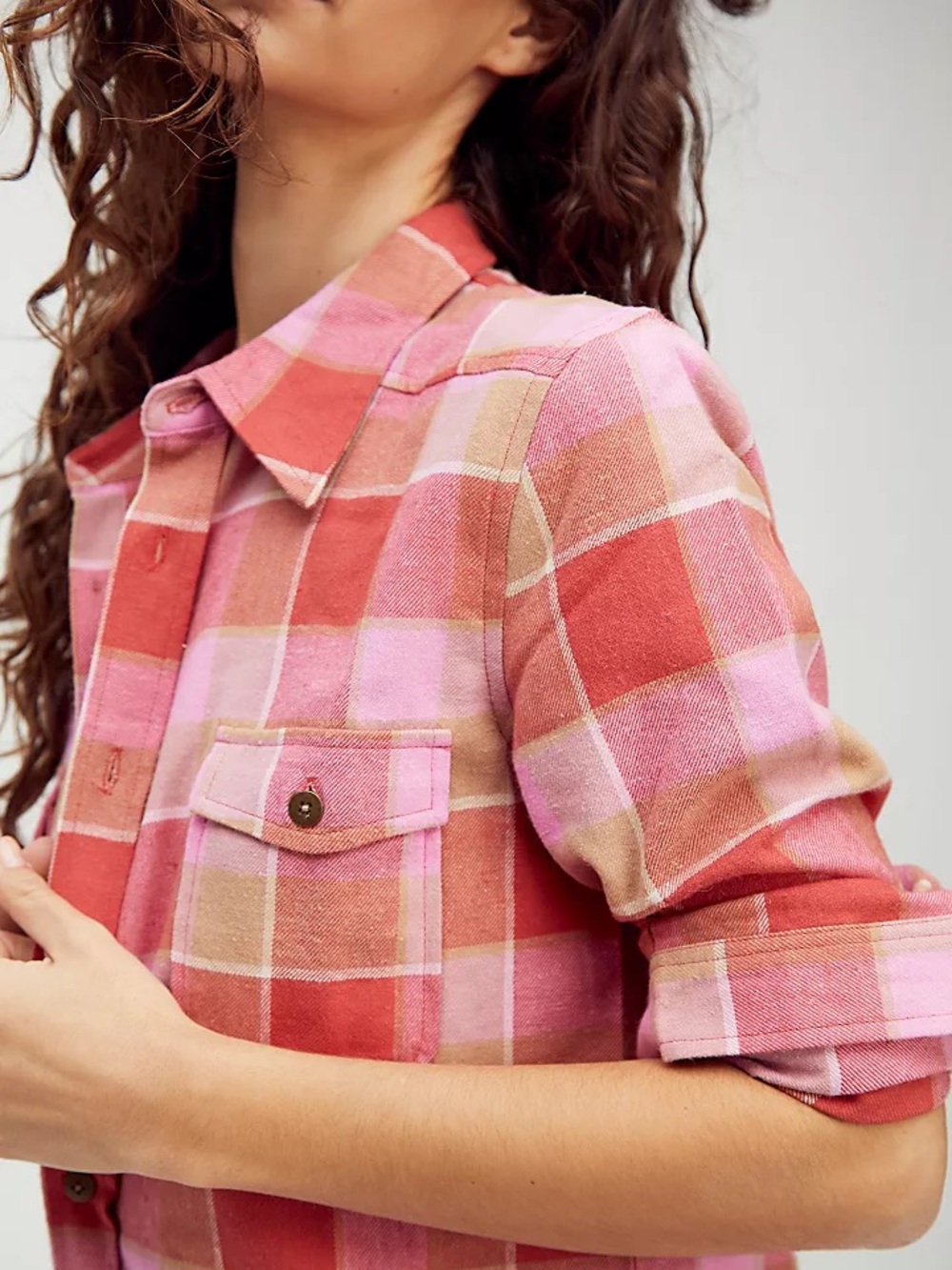 Spell and the gypsy Montague plaid Flannel button down Shirt. Red coral. XS
